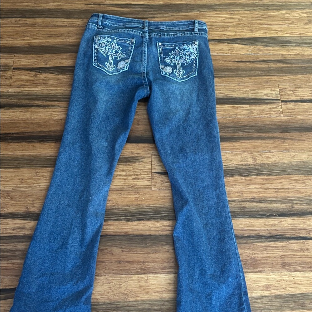 Harper Blue Flare Wide Leg Jeans with Ornate Embroidery